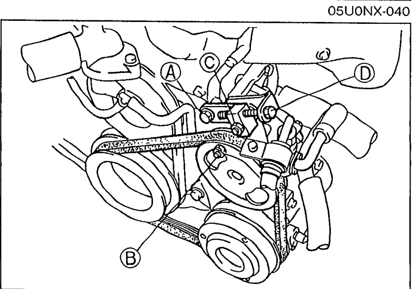 Pulley arrangement for drive belt replacement showing bolt (A), nuts (B) and (C), and adjusting bolt (D) positions.