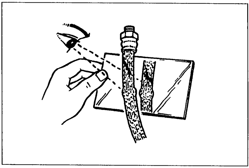 Inspection illustration showing a hand holding a flexible brake hose against a backdrop, indicating inspection for cracks, damage, corrosion, scars, and swelling.