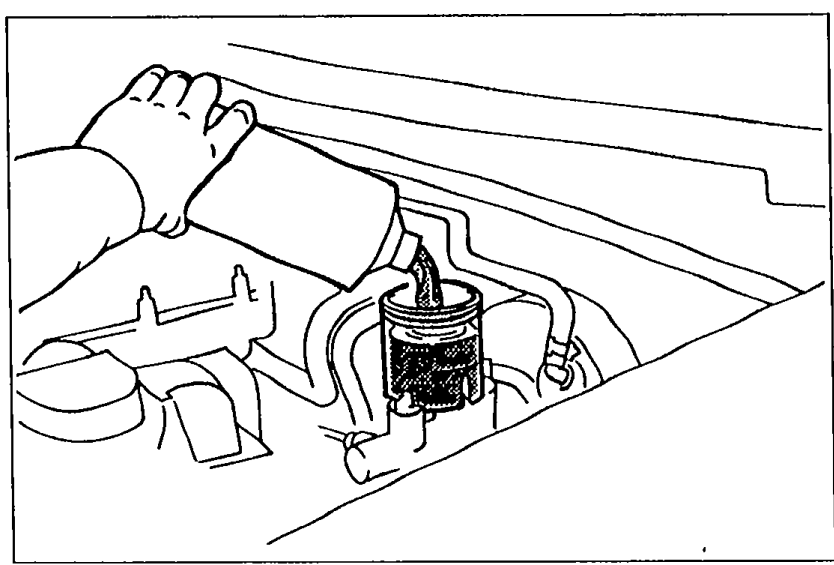 Brake fluid reservoir with a suction pump inserted into the reservoir, illustrating removal of old brake fluid.
