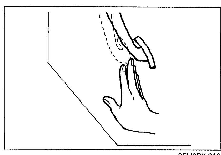 Brake pedal viewed from the side, hand lightly depressing the pedal to check the free play. Dashed outline shows the depressed position.