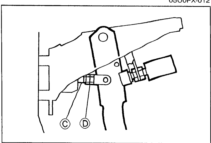 Brake pedal linkage at the master cylinder showing the operating rod with callouts C (rod) and D (locknuts) used for free-play adjustment.