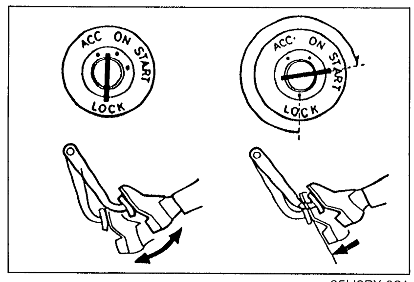 Two ignition switches side by side (ACC, ON, START, LOCK positions). Left: hand pressing brake pedal with downward arrow; right: starting engine while pedal is depressed.