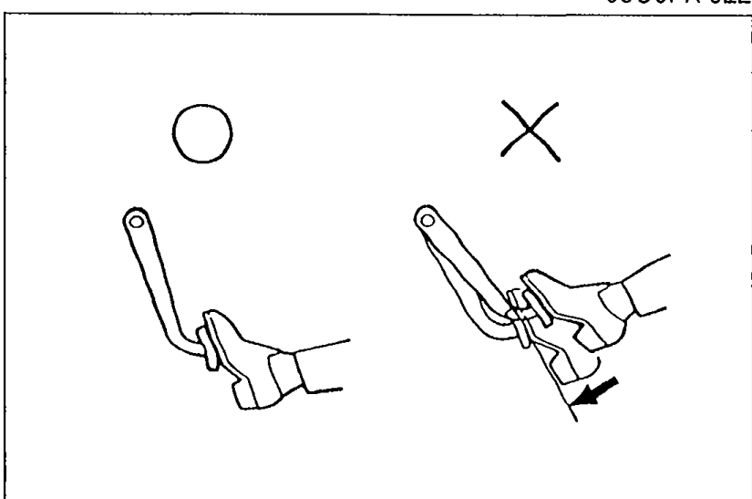 Two circles: O (OK) and X (NG). Hand holding brake pedal down with depressed-pedal illustrations indicating pedal height should not change (OK) versus changing (NG).