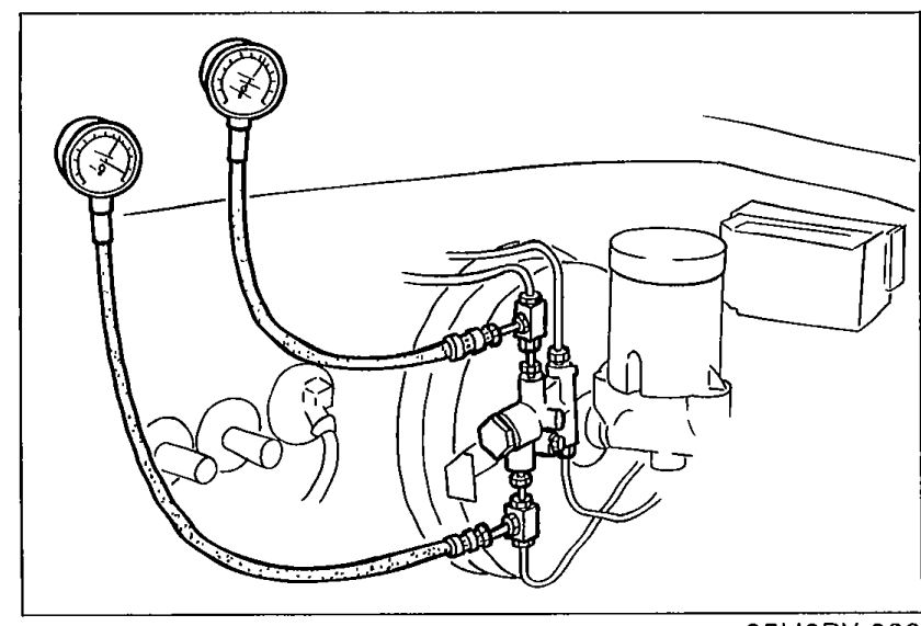 Photograph showing two pressure gauges connected via hoses/fittings to the brake system (master cylinder/proportioning valve area) for measuring fluid pressure during proportioning bypass valve inspection.
