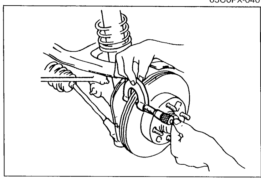 Illustration of measuring disc plate (rotor) thickness with a micrometer at the outer edge of the rotor surface.