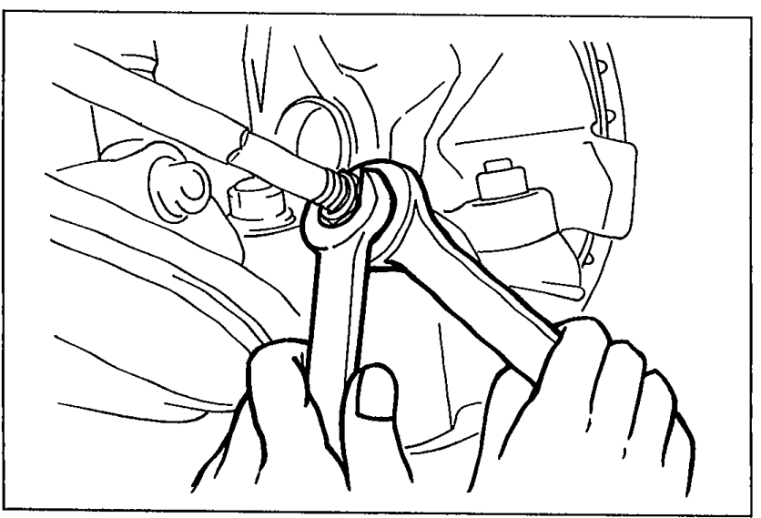 Illustration showing tie-rod adjustment: a hand using a wrench to turn the tie-rod with the boot clamp visible.