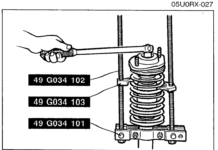Coil spring compressed in vise with SST 49 G034 1A0 components labelled (49 G034 102 screw, 49 G034 103 arm, 49 G034 101 body). Upper nut being removed with wrench.