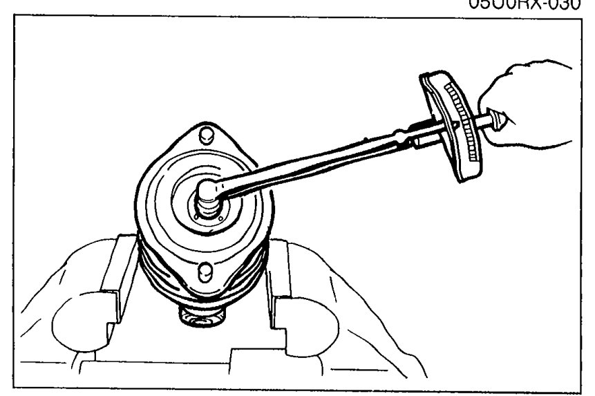 Mounting plate secured in a vise; piston rod upper nut being tightened with a wrench/torque wrench.