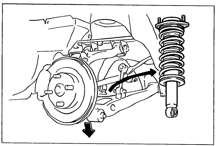 Detail illustration showing the shock absorber and spring being removed by lowering the lower arm; arrows indicate direction of arm movement and removal path of the assembly.