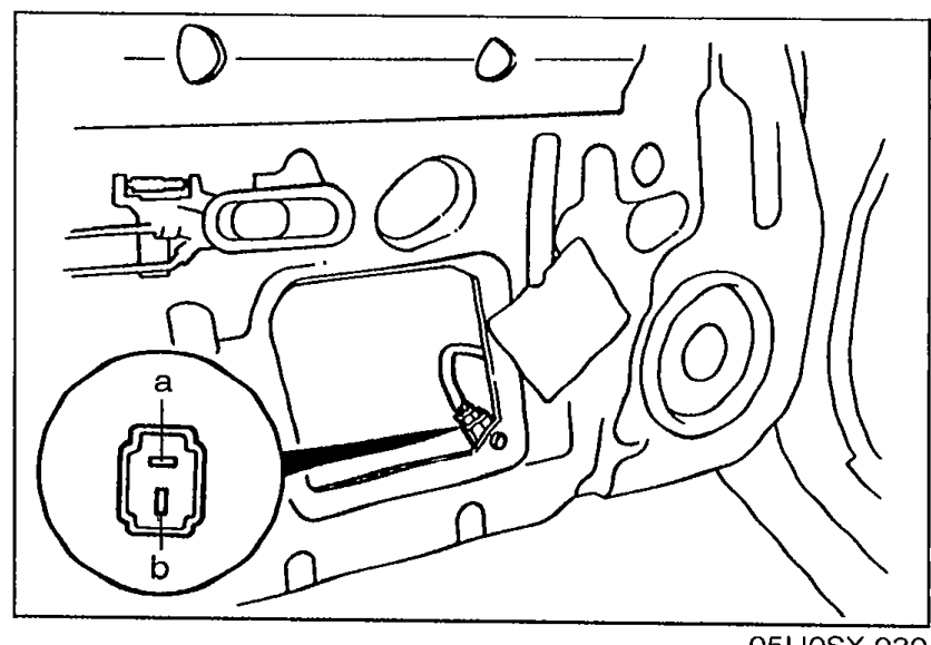 Power window motor mounted inside the door, with its two-pin connector visible. Used as the reference for the motor inspection steps.