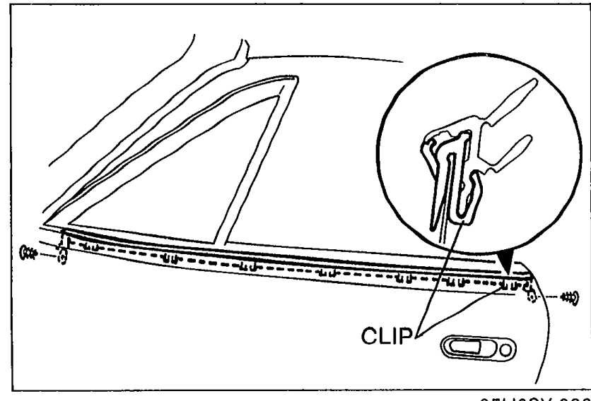 Detail of the front beltline molding area on the door with an inset zoom showing the clip location. Label 'CLIP' indicates the clip attachment point.