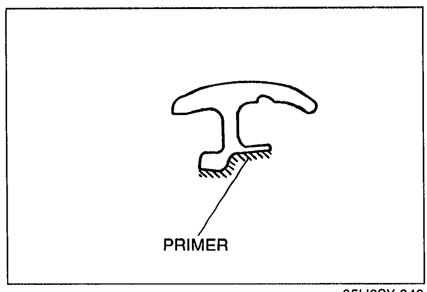 Cross-section illustration of the rear window molding showing the bonding area marked 'PRIMER'.