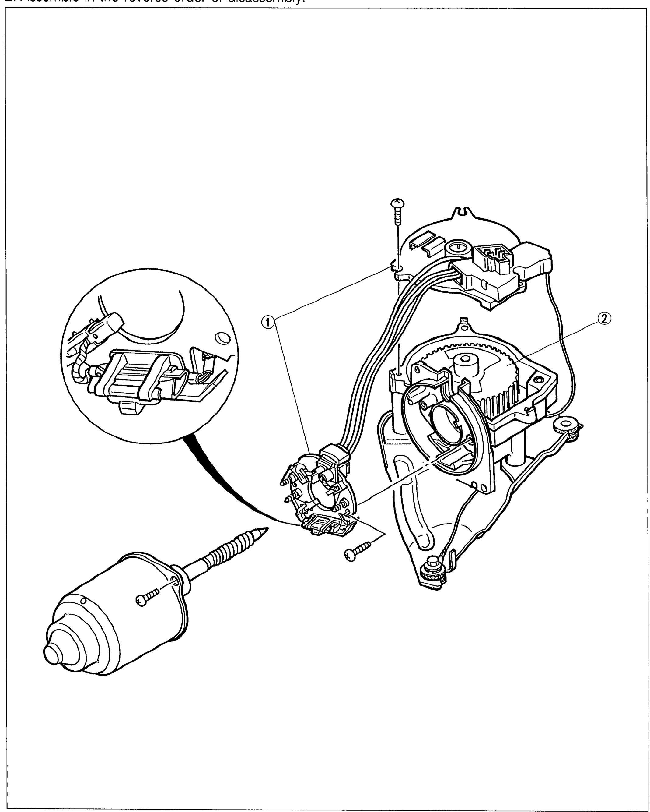 Exploded view of the wiper motor showing the motor housing on the right with a gear cover removed exposing the gear shaft (callout 2), and the motor body with armature/brush plate holder (callout 1) pulled away to the left. A magnified inset at left shows the brush-plate-holder detail with brush springs and contacts.