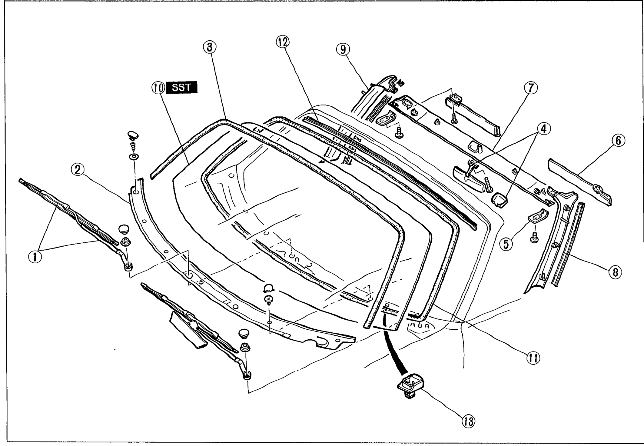 Exploded view of the windshield assembly seen from the cabin side, showing balloon callouts 1-13 for wiper arm and blade, cowl grille, windshield molding, rearview mirror and cover, striker, sunvisor, front header trim, weatherstrip, A-pillar trim, windshield glass, dam, upper protector, and spacer. An SST tag at the upper-left indicates use of the 49 0305 870A tool.
