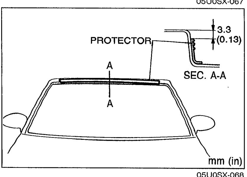 Front view of the windshield showing the PROTECTOR strip across the top edge with section A-A detail at right indicating protector thickness 3.3 mm (0.13 in).