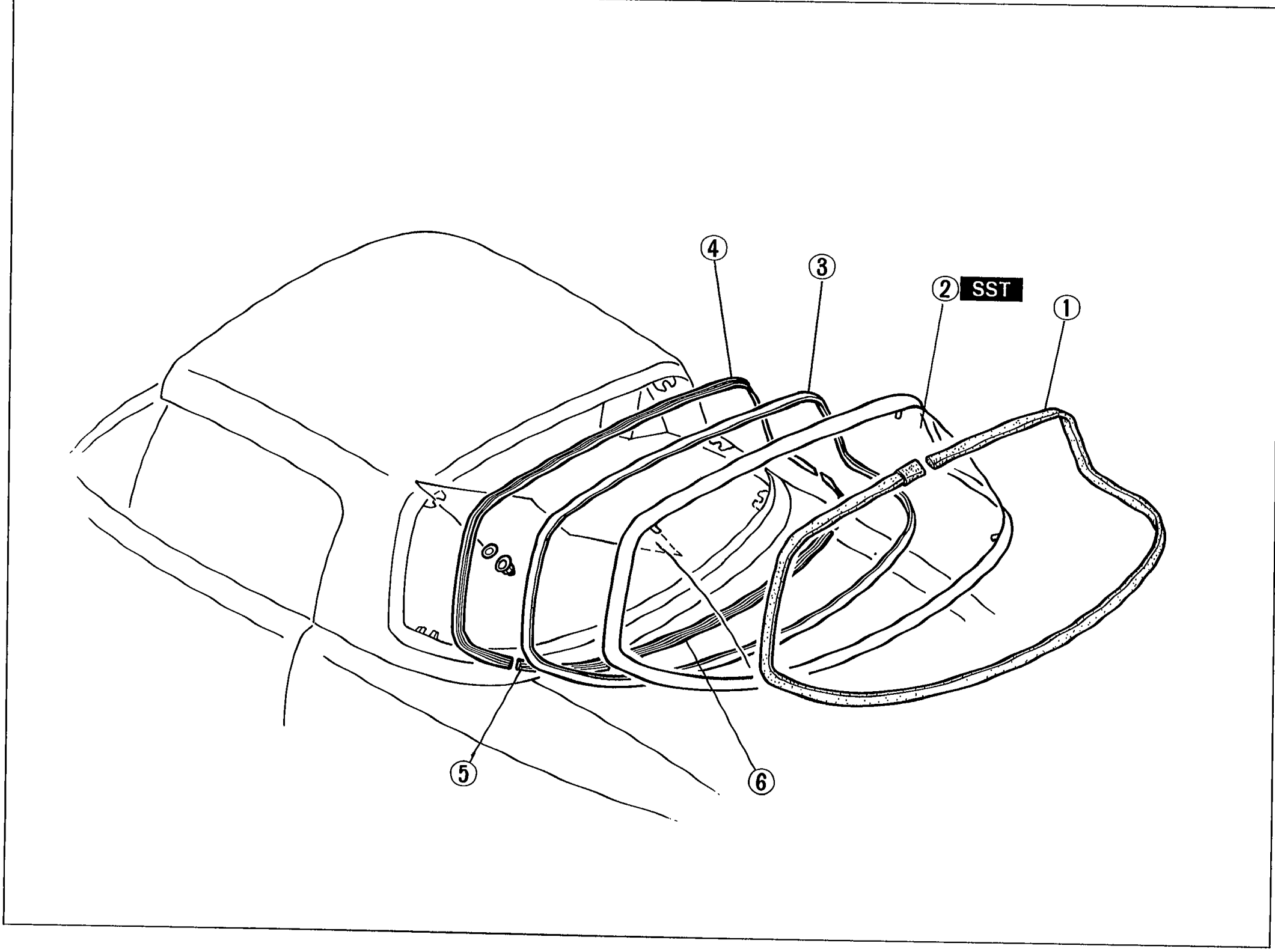 Exploded view of the detachable hard top's rear window glass assembly. Balloon callouts 1-6 identify rear window molding (1), rear window glass (2, tagged SST), dam (3), upper protector (4), lower protector (5), and side protector (6).