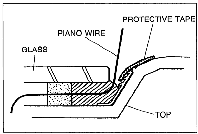 Cross-section view of the hard top's rear window edge showing PROTECTIVE TAPE applied along the TOP, the GLASS, and a PIANO WIRE passed through the sealant bead. Illustrates removal step 1.
