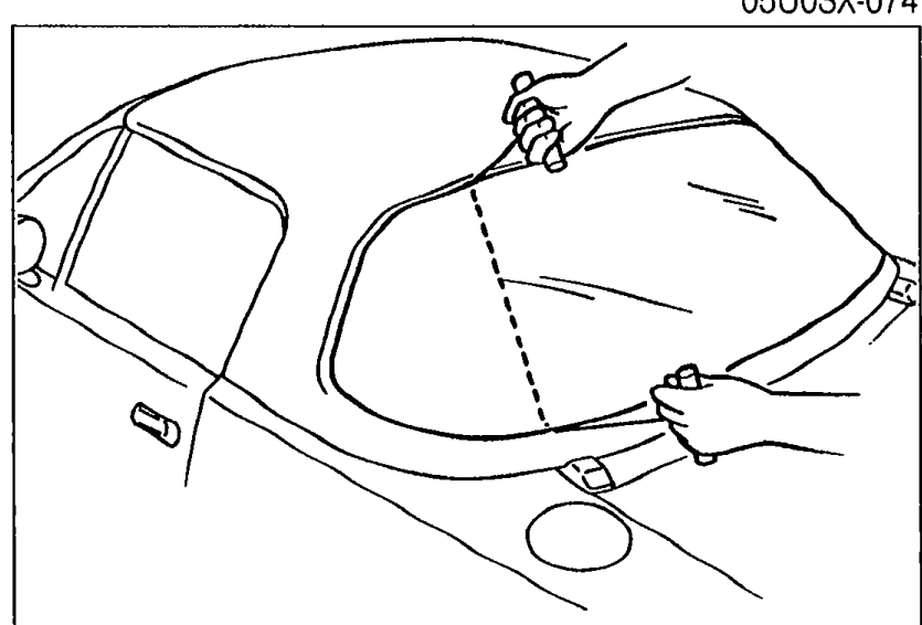Side view of the detachable hard top showing piano wire being drawn around the perimeter of the rear glass to saw the sealant. Illustrates removal steps 5-6.