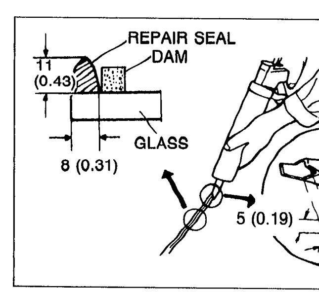 Sealant tube nozzle being applied between the DAM and the GLASS, forming the REPAIR SEAL bead. Dimensioned: nozzle V-flange 11 mm width and 0.43 in, glass-to-dam gap 8 (0.31), 5 (0.19) detail, and 11 (0.43) sealant ridge height.