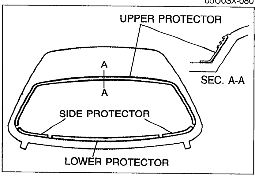 Rear view of the detachable hard top showing the UPPER PROTECTOR, SIDE PROTECTOR, and LOWER PROTECTOR positions around the rear window aperture. A section detail (SEC. A-A) at upper right shows the upper protector cross-section profile.
