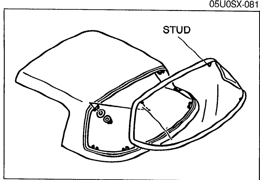 Rear three-quarter view of the hard top showing the rear glass being lowered into the aperture with the mounting studs (STUD callout) aligning with corresponding holes in the top.