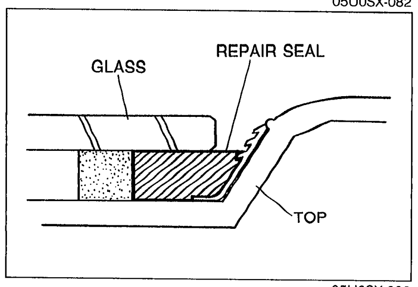 Cross-section view of the finished joint showing GLASS, REPAIR SEAL between glass and TOP, with a scraper smoothing the bead. Illustrates installation step 10.