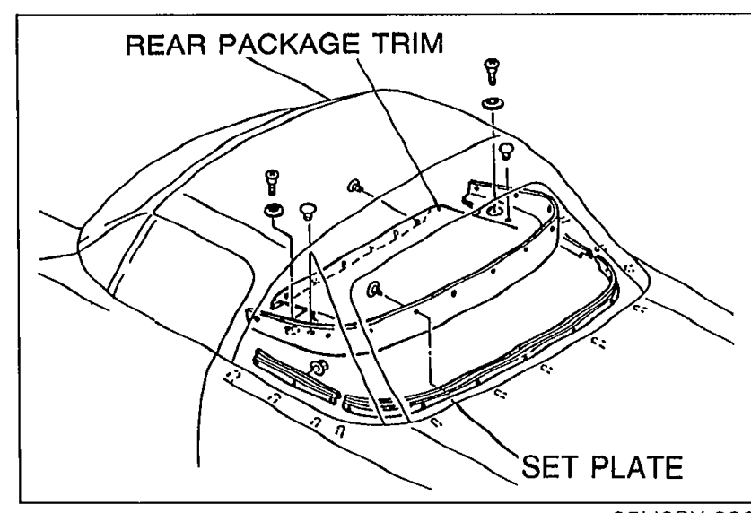 Convertible top interior view showing the rear package trim at top and the set plate along the lower edge of the rear window opening. Arrows point to the rear package trim and set plate as parts to remove.