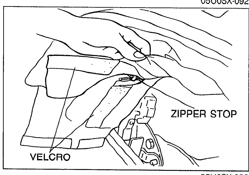 Close-up of the rear window inside corner showing the ZIPPER STOP and VELCRO strip that must be peeled apart and removed for reuse.