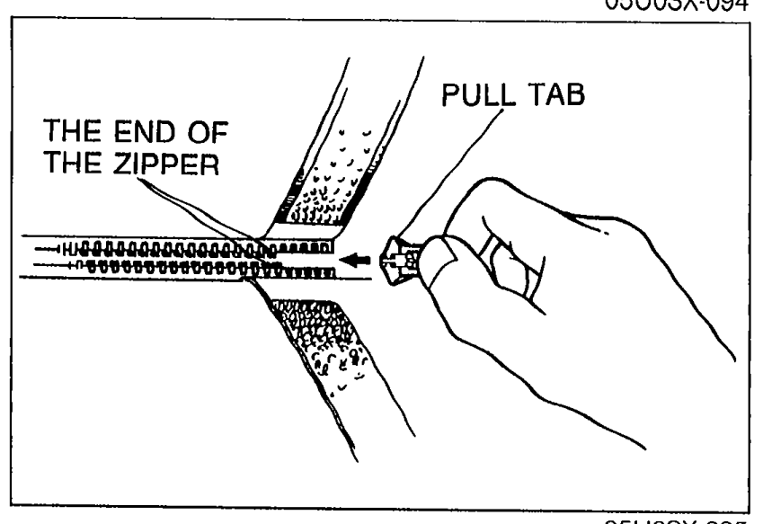 Detail of the end of the zipper showing the pull tab being aligned and installed at the rear window corner.