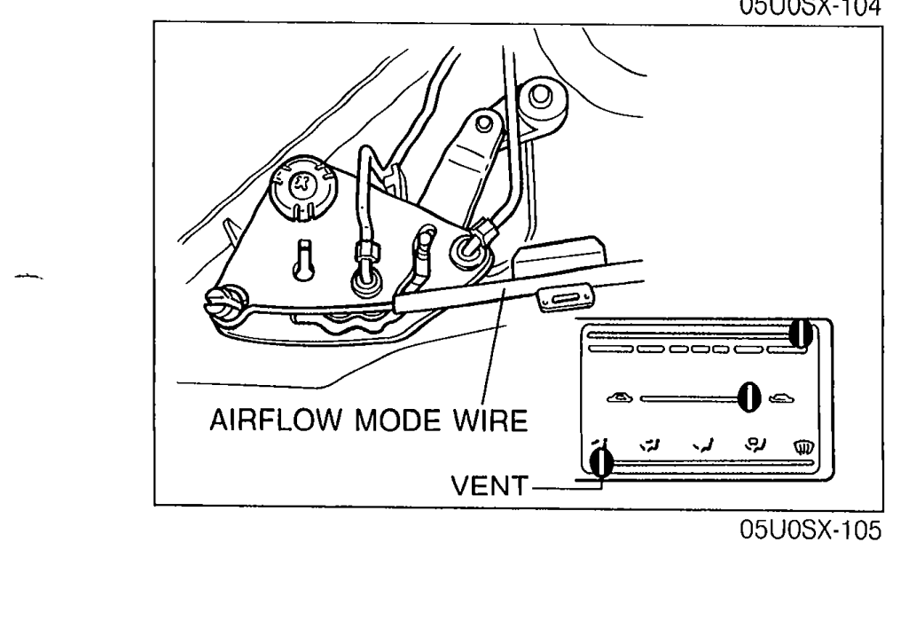 Detail of the heater unit shutter lever area showing the AIRFLOW MODE WIRE attached at its closest point and the VENT position marker.