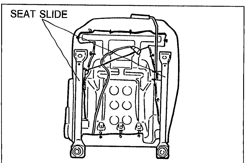 Rear view of front seat from underside showing seat slide rails labeled 'SEAT SLIDE' at the top of the figure.