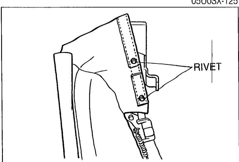 Close-up of the link assembly area showing rivet locations along the link; arrow points to a labeled RIVET being drilled out.