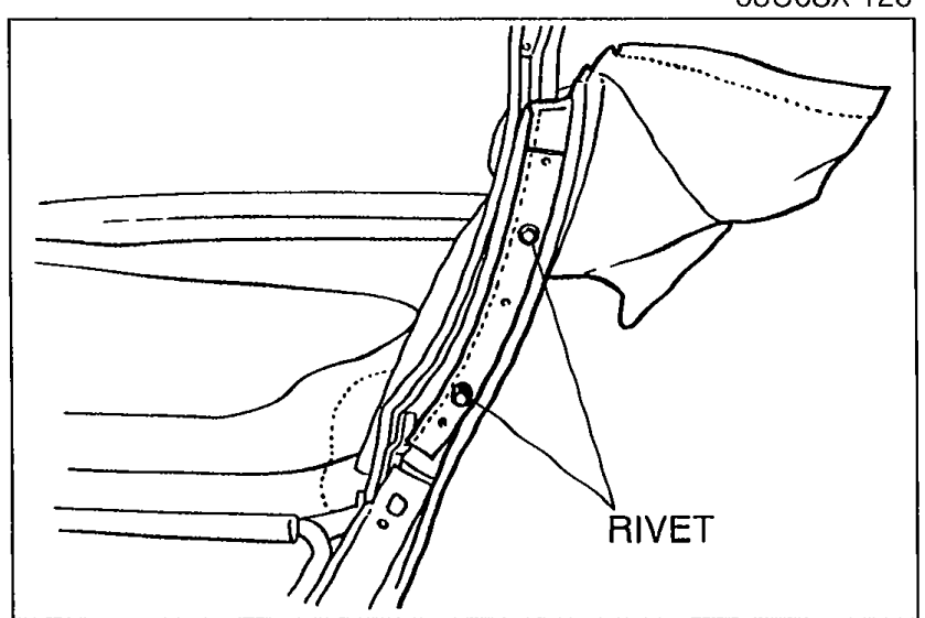 Detail of the link assembly area with the fabric folded down showing END PLATE, SCREW, and RIVET callouts being removed.