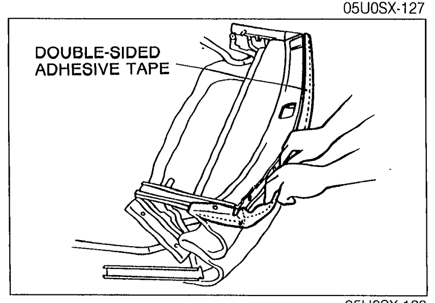 Front header area showing DOUBLE-SIDED ADHESIVE TAPE callout; top fabric being separated from the front header.