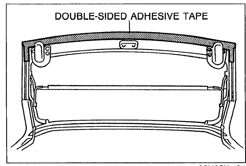 Illustration of the convertible top front header with a horizontal strip labeled 'DOUBLE-SIDED ADHESIVE TAPE' applied along the upper edge of the header bar.