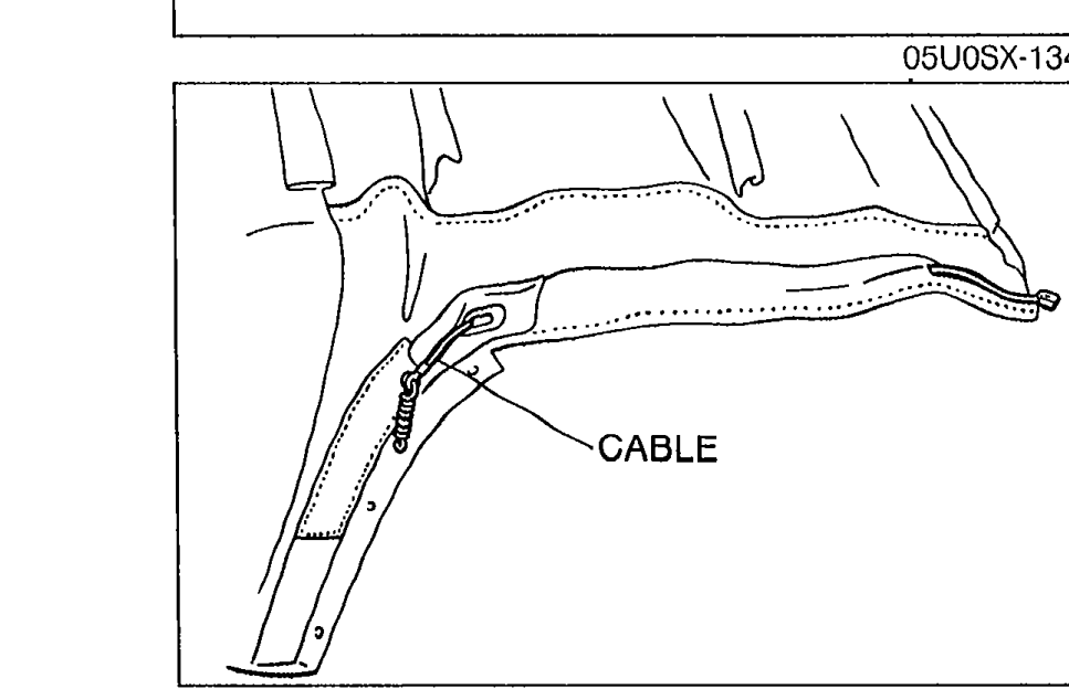 Illustration showing the convertible top fabric with a cable being threaded through its sewn channel; the cable is labeled 'CABLE'.