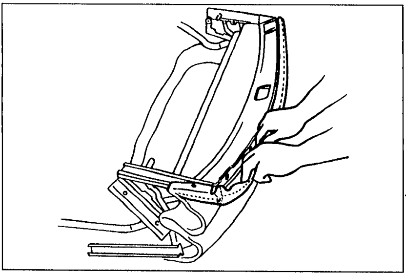 Illustration of the convertible top turned over and folded, with the front of the top fabric being installed to the front header by hand.
