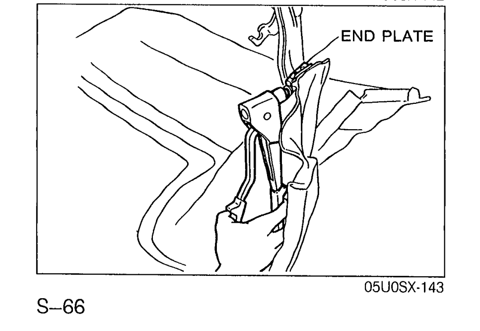 Illustration showing the top fabric installed to the link assembly with the end plate being attached; callout labels 'END PLATE'.