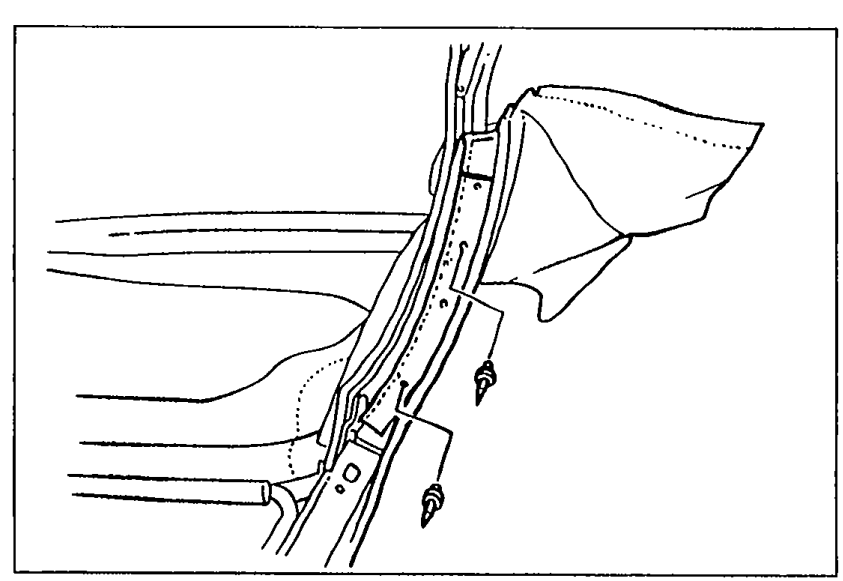 Illustration showing the convertible top unfolded with the top fabric being riveted to the link assembly at the side rail.