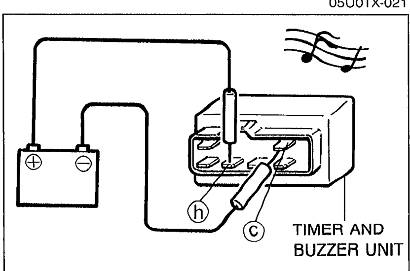 Timer and buzzer unit with leads applying 12V to terminal h and ground to terminal c for the key reminder alarm test; musical-note symbols indicate the buzzer sounding.