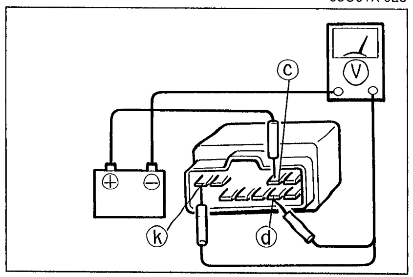 DRL unit with battery applying 12V to terminal c; voltmeter measuring at terminals d and k.