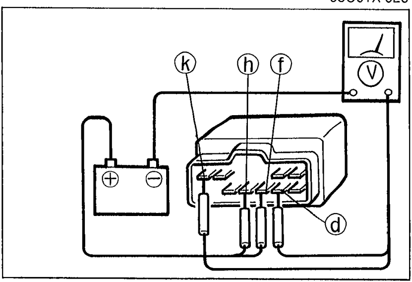 DRL unit with 12V applied to terminals f and h; voltmeter measuring at terminals d and k (test points k, h, f labelled).