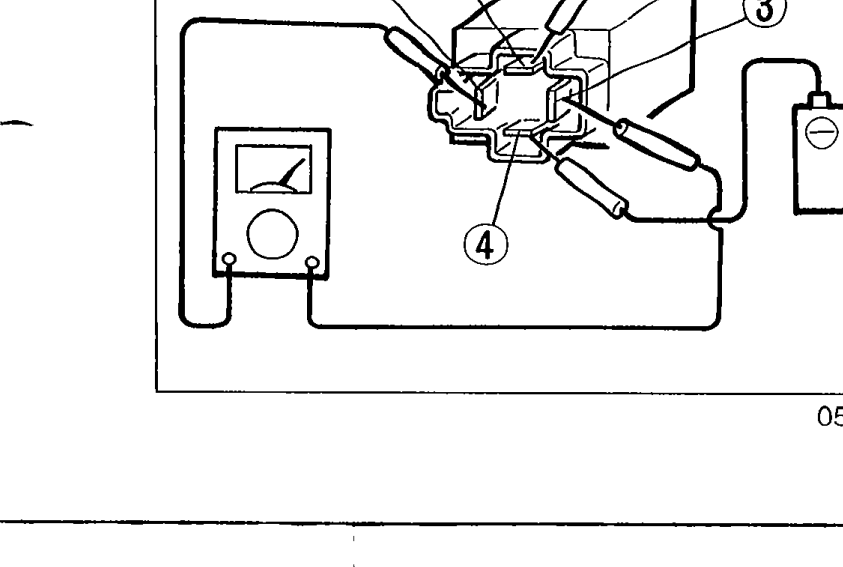 Battery applying 12V to terminal 2 and ground to terminal 4 of the relay; ohmmeter checking continuity between terminals 1 and 3.