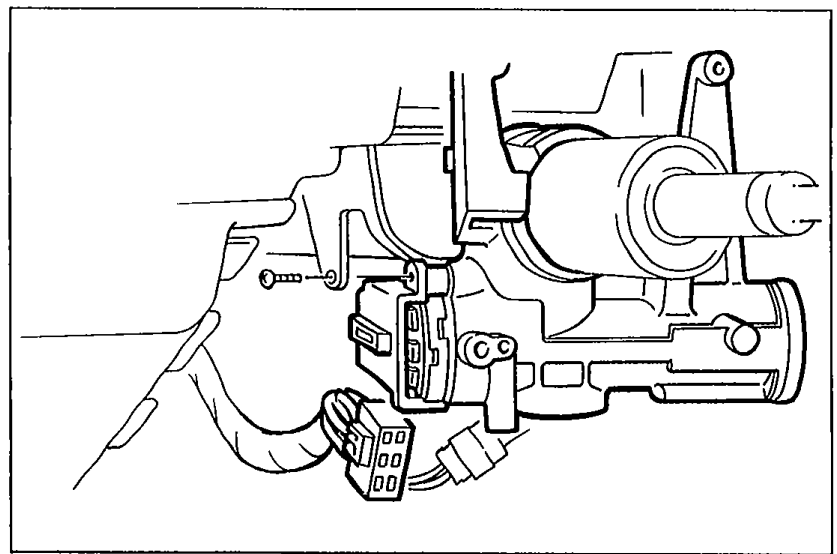 Photo of the steering lock / ignition switch assembly mounted on the steering column, showing the screw location for removal.