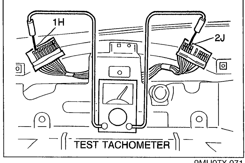 Same harness-side test setup at terminals 1H and 2J with TEST TACHOMETER attached, used in Step 2 (engine running).