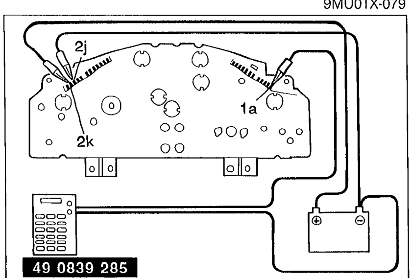 Instrument cluster rear view showing connection of SST 49 0839 285 to terminals 2k, 2j, and 1a with red and black leads, with 12V power and ground connections.