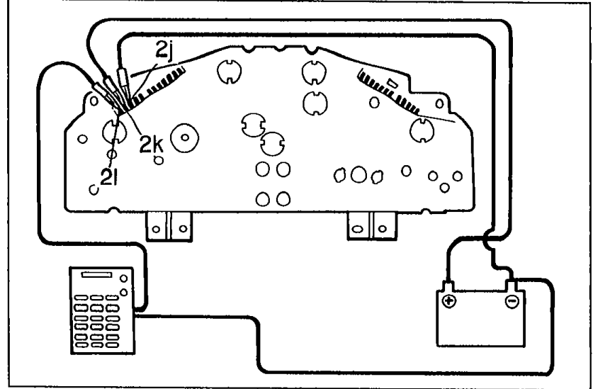 Instrument cluster rear view showing connection of SST 49 0839 285 to terminals 2k, 2j, and 2l with red and black leads for water temperature gauge inspection.