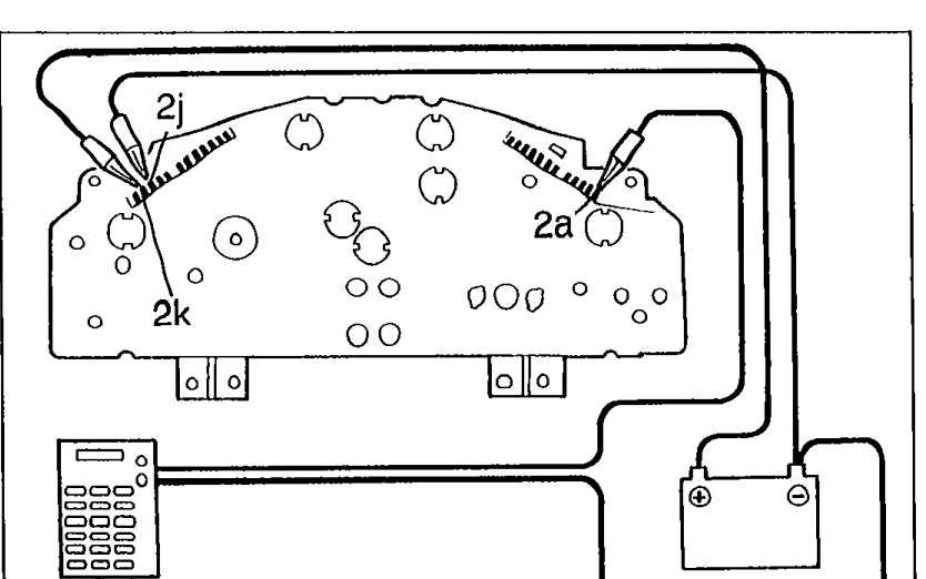 Instrument cluster rear view showing connection of SST 49 0839 285 to terminals 2k, 2j, and 1a with red and black leads for fuel gauge inspection.