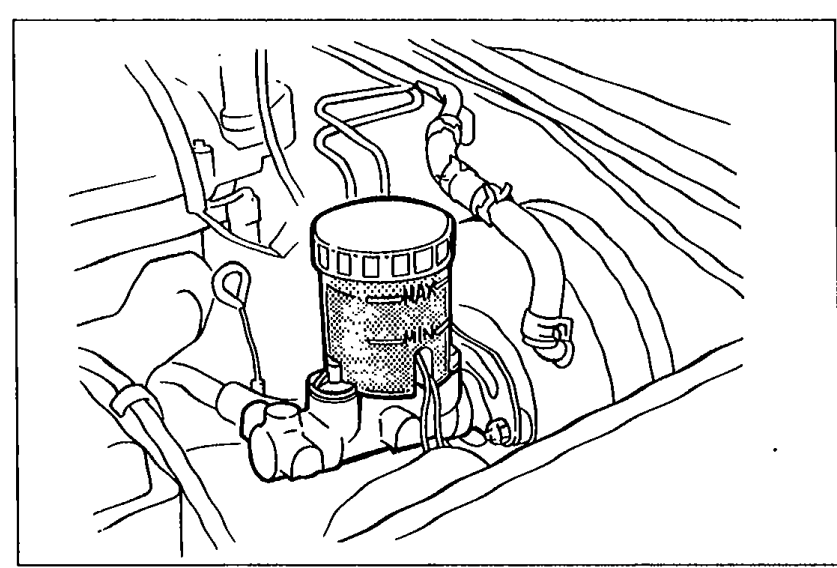 Engine bay photo showing the brake master cylinder and brake fluid reservoir for checking the brake fluid level. Illustrates Step 1.