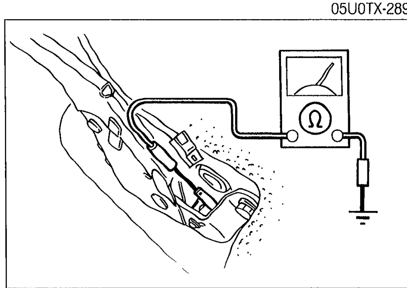 Photo of the parking brake switch with test leads from a multimeter connected to the switch terminal and a body ground for continuity testing. Illustrates Step 2.